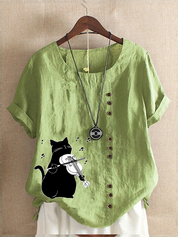 Round Neck Casual Loose Cat Print Short Sleeve Blouse