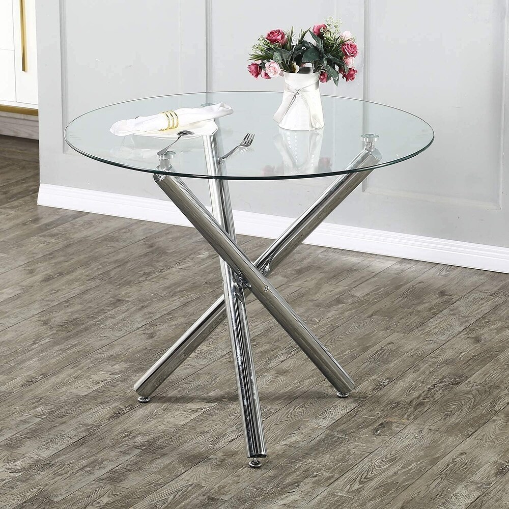 Round Glass Dining Kitchen Table with Chrome Legs Modern Leisure Coffee Table with Tempered Glass Top