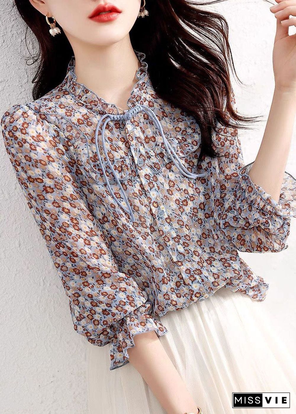 Bohemian Floral Ruffled Patchwork Chiffon Shirt Tops Spring