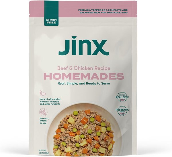 Jinx Beef and Chicken Homestyle Grain-Free Wet Dog Food， 9-oz pouch， case of 12