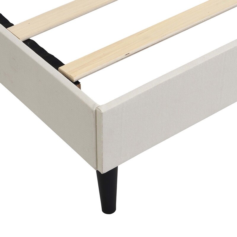 Beige Upholstered Platform Bed with Fabric Upholstered Headboard and Wooden Slats