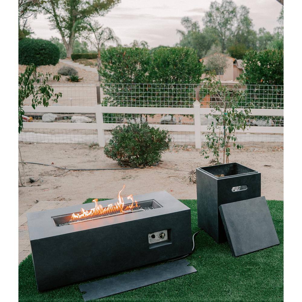 KANTE 42 in. W x 15.4 in. H Outdoor Rectangular Concrete Metal Propane Gas Fire Pit Table in Charcoal with Tank Cover Box RMFP-R01SET-60121