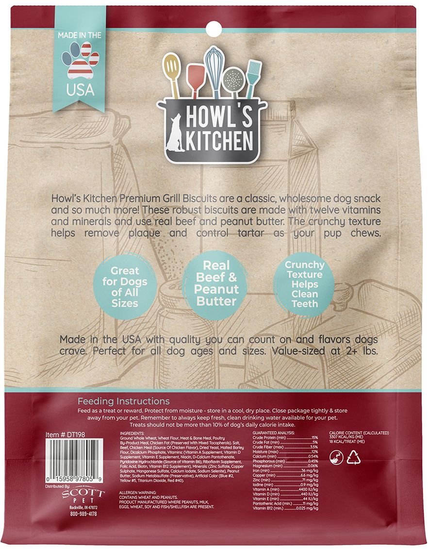 Howl's Kitchen Premium Grill Biscuits Beef， Chicken and Peanut Butter Flavor Dog Treats