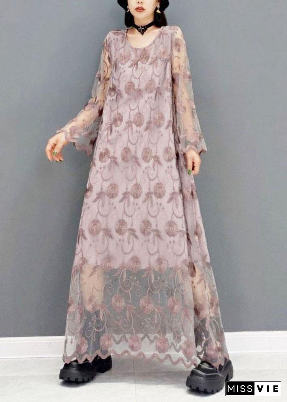 Organic Orange Fashion O-Neck Long Sleeve Lace Fall Dress