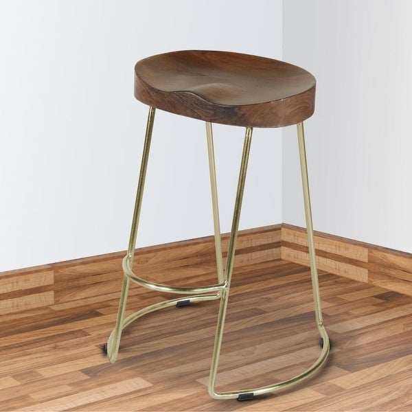 Farmhouse Counter Height Barstool with Wooden Saddle Seat and Tubular Frame， Large