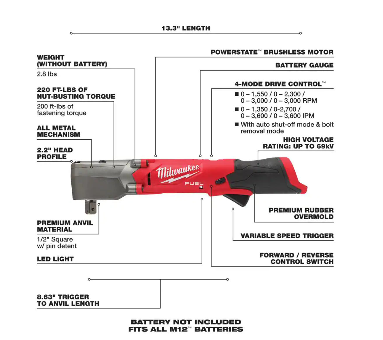 Milwaukee 2565P-20 M12 FUEL 12V Lithium-Ion Brushless Cordless 1/2 in. Right Angle Impact Wrench with Pin Detent (Tool-Only)