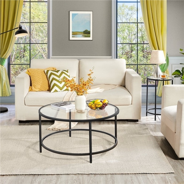 Round Modern Glass-Top Coffee Table， Gold