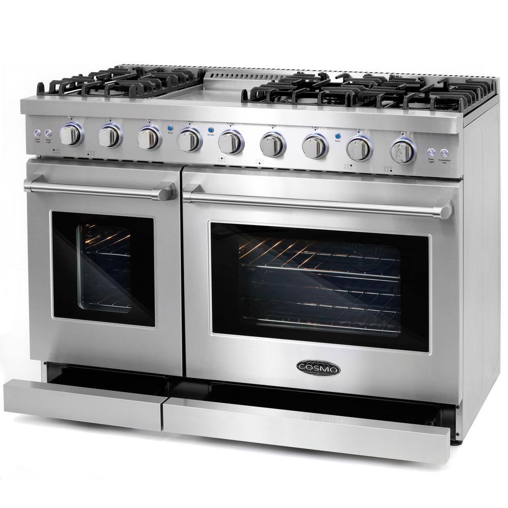 Cosmo 48 in. 6.8 cu. ft. Double Oven Commercial-Style Gas Range with Fan Assist Convection Oven in Stainless Steel COS-EPGR486G