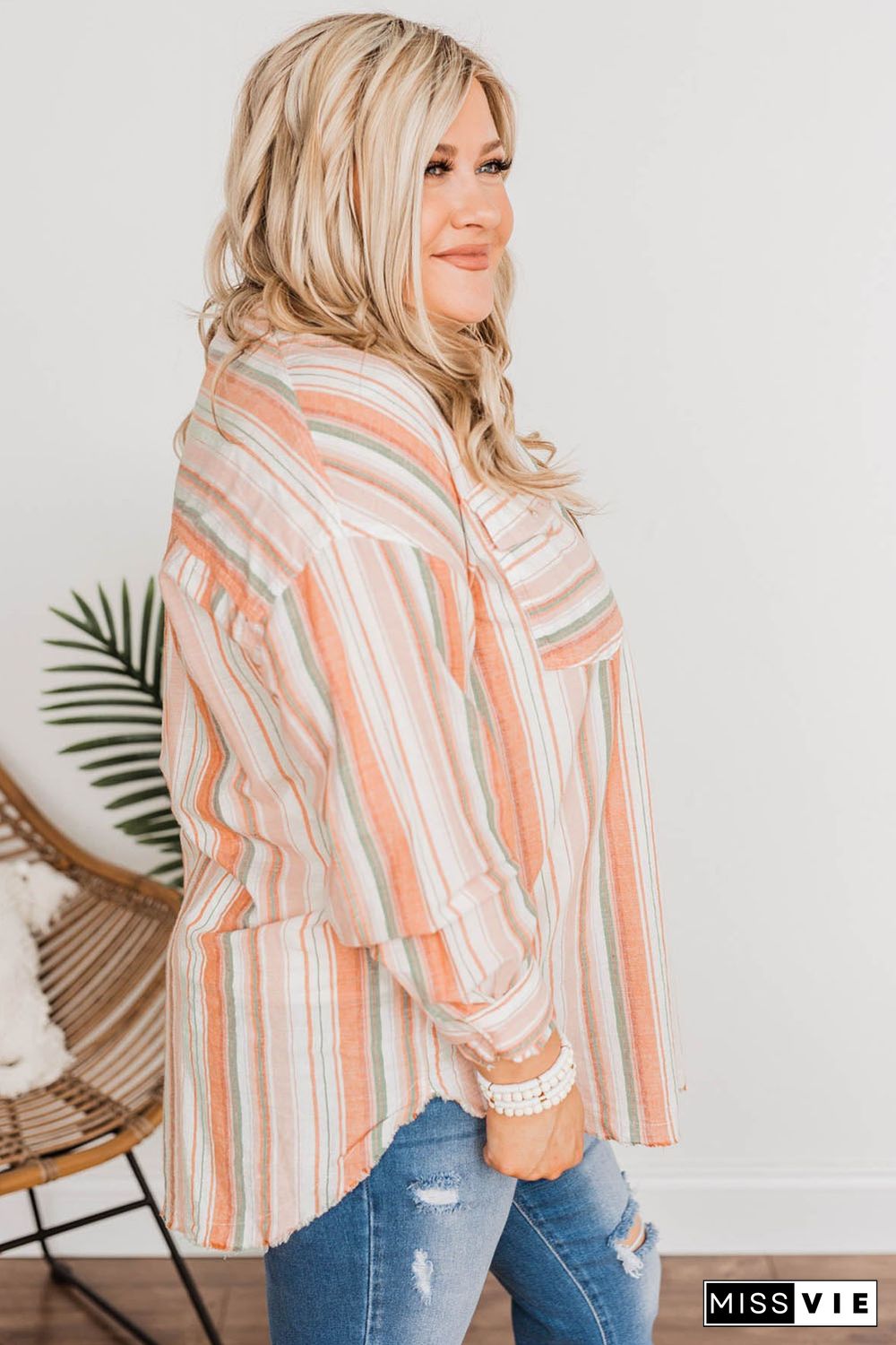 Orange Plus Size Striped Shirt with Chest Pockets