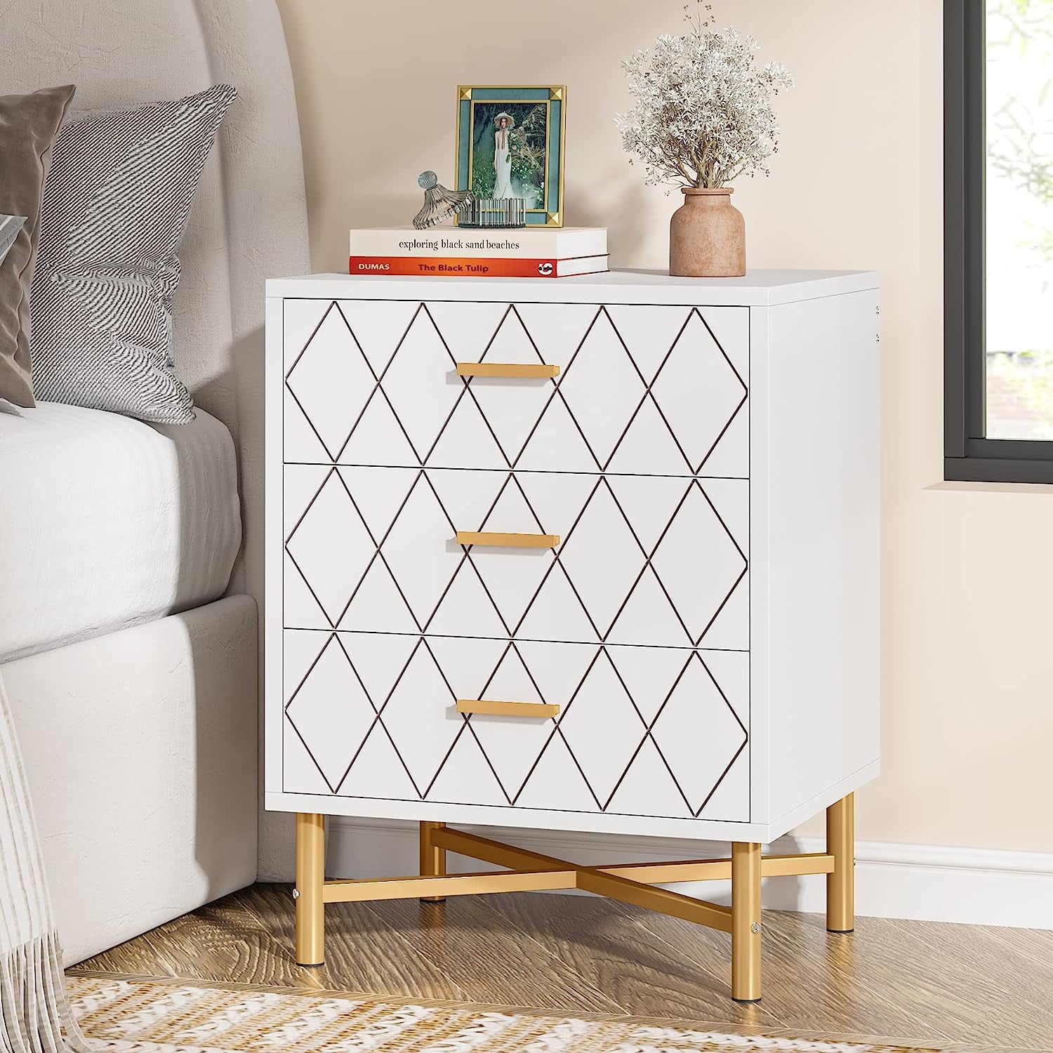 Tribesigns Nightstand with 3 Drawers,Modern Bedside Table with Diamond Design and Gold Metal Frame, White