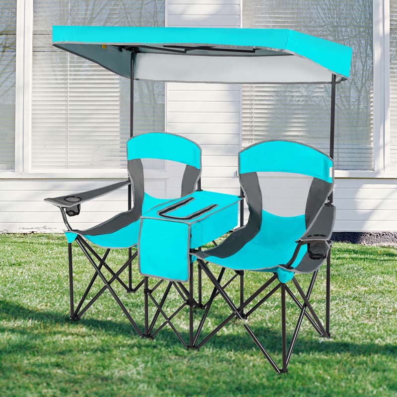 Double Sunshade Camping Canopy Chair with Mini Table, Cup Holder, Portable Folding Beach Chair with Canopy