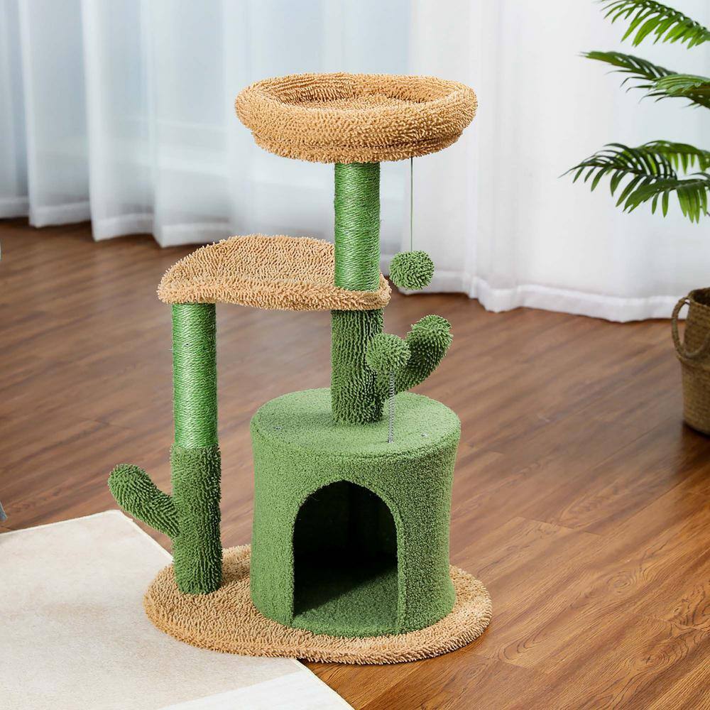 Foobrues 32.9 in. H Cactus Cat Tower with Sisal Covered Scratching Post, Cozy Condo, Plush Perches and Fluffy Balls PSL-23170833