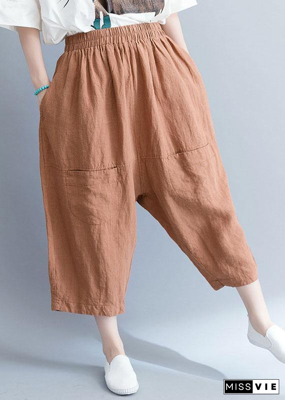 summer new khaki cotton linen pants plus size elastic waist crop pants