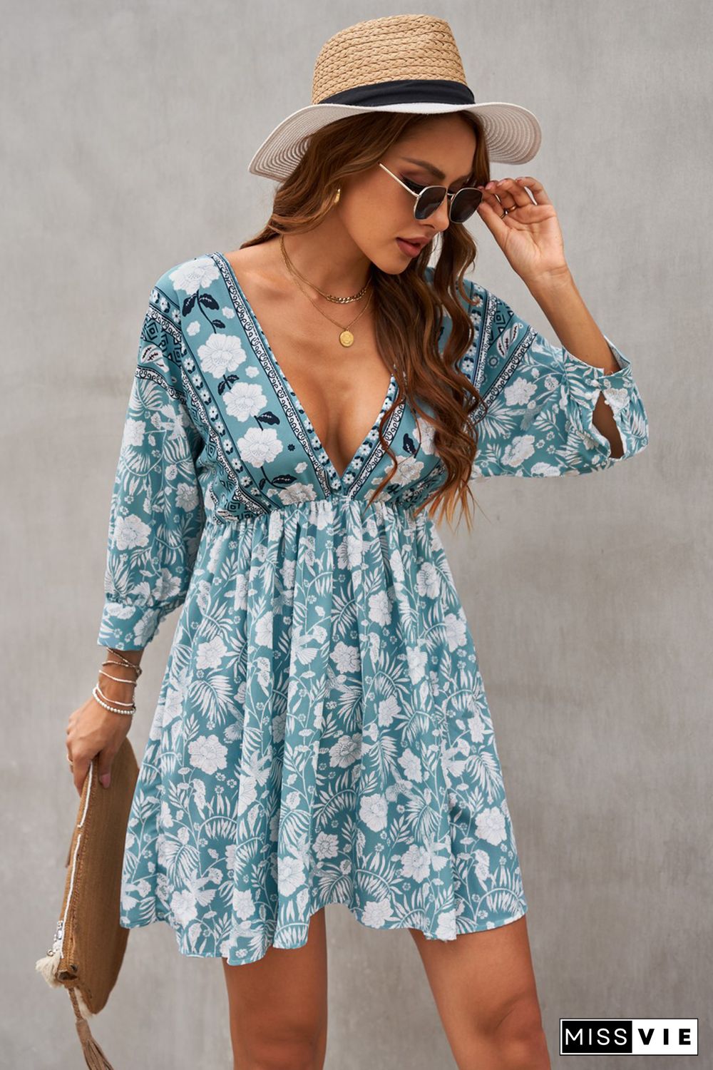 Green V Neck 3/4 Sleeve Bohemian Vintage Print Mini Dress