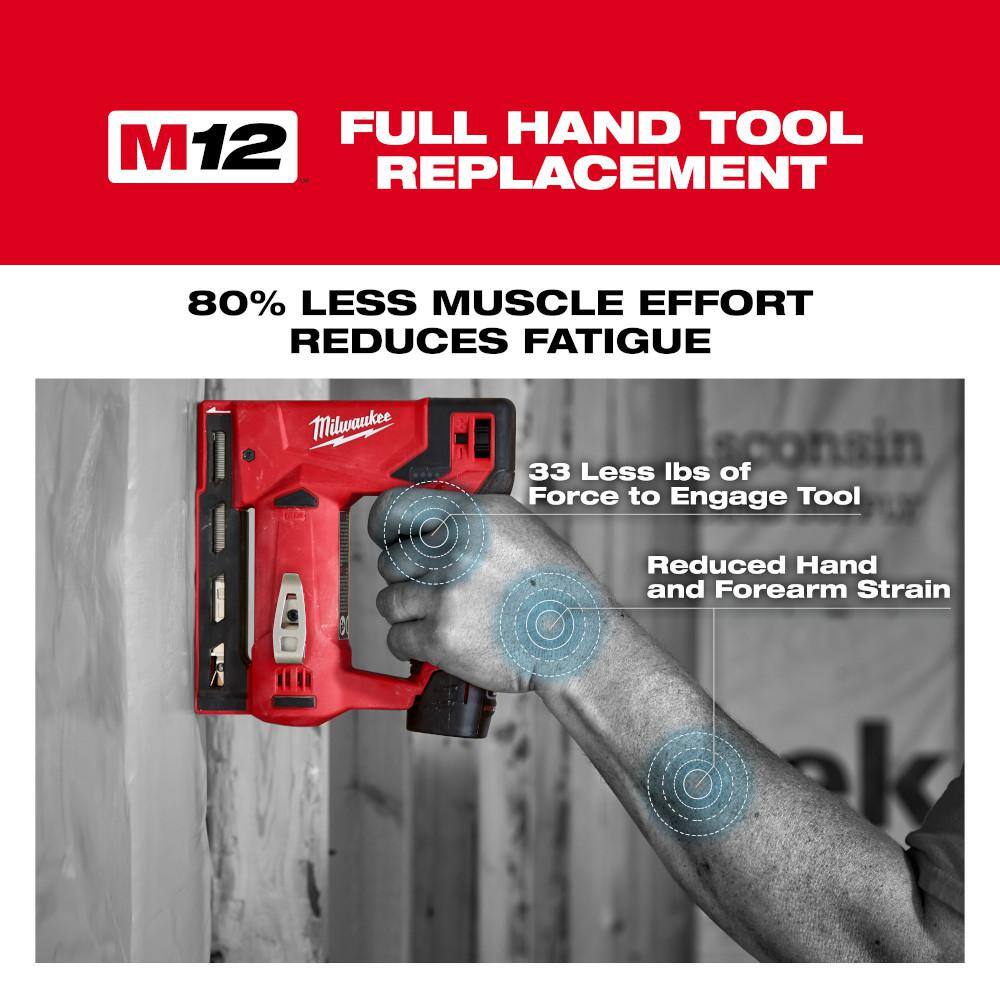 MW M12 12V Lithium-Ion Cordless Jig Saw with M12 38 in. Crown Stapler and 6.0 Ah XC Battery Pack 2445-20-2447-20-48-11-2460