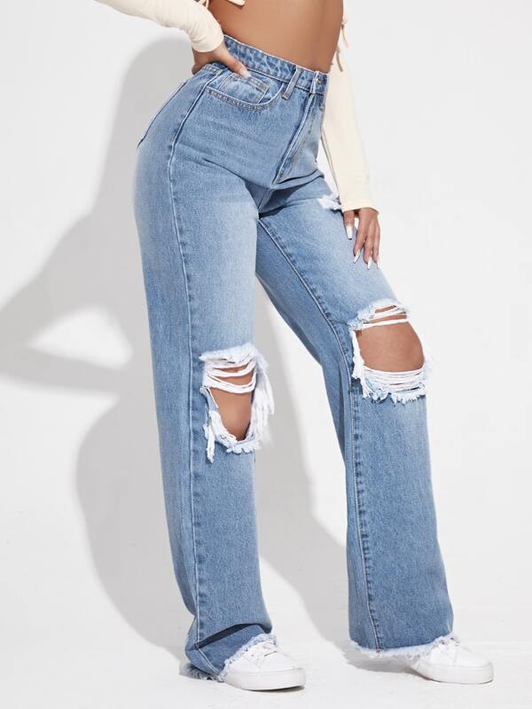 Ripped Cutout Wide Leg Jeans