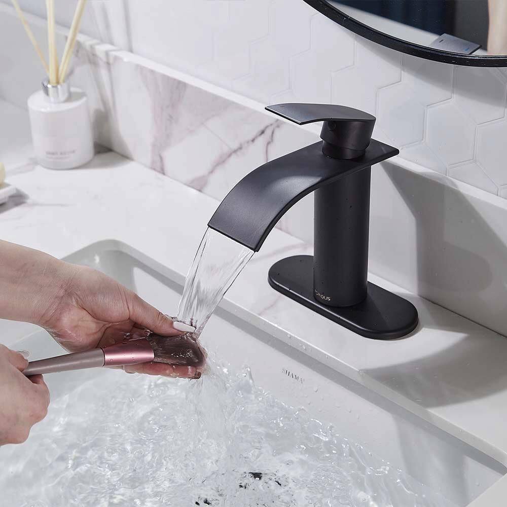 FORIOUS Single-Handle 1 or 3 Hole Waterfall Bathroom Faucet Bathroom Sink Faucet Black HH0305B