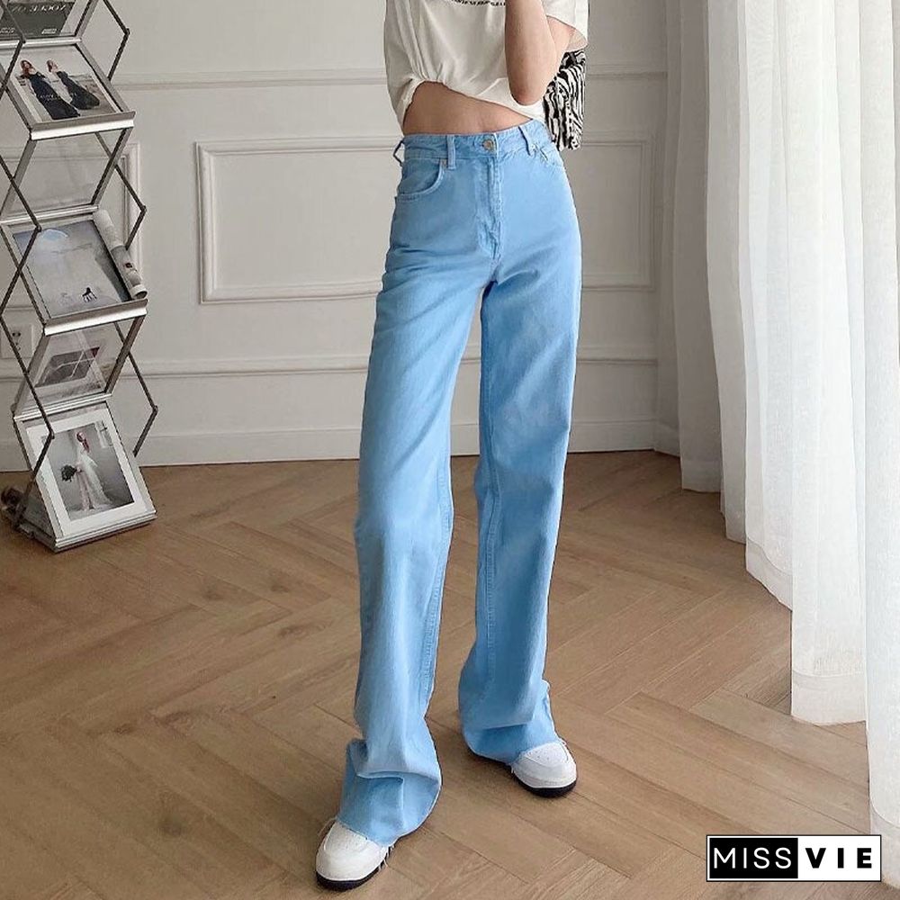 Spring Autumn Women Vintage Blue Pink Denim Trousers Casual Solid Pockets High Waist Straight Jeans Pants Ladies Mujer