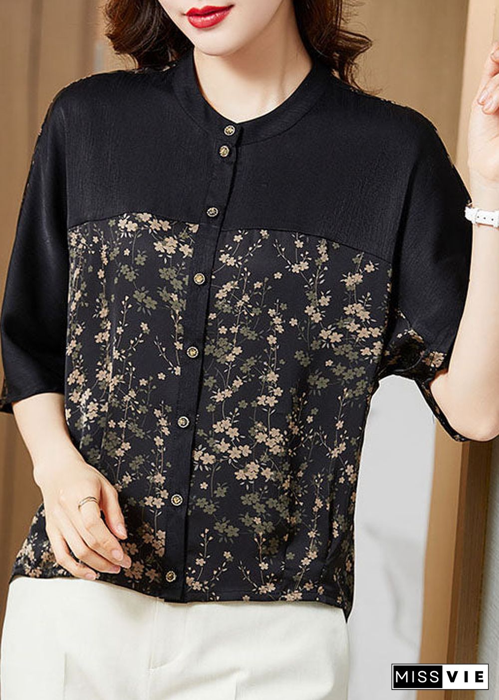 Modern Black O-Neck Patchwork Print Silk Shirt Tops Half Sleeve