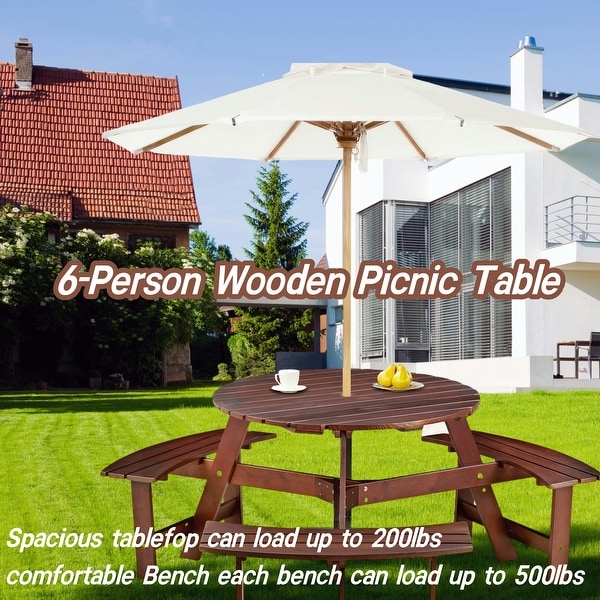 Outdoor Round Picnic Table Set with Builtin Benches and Umbrella Hole