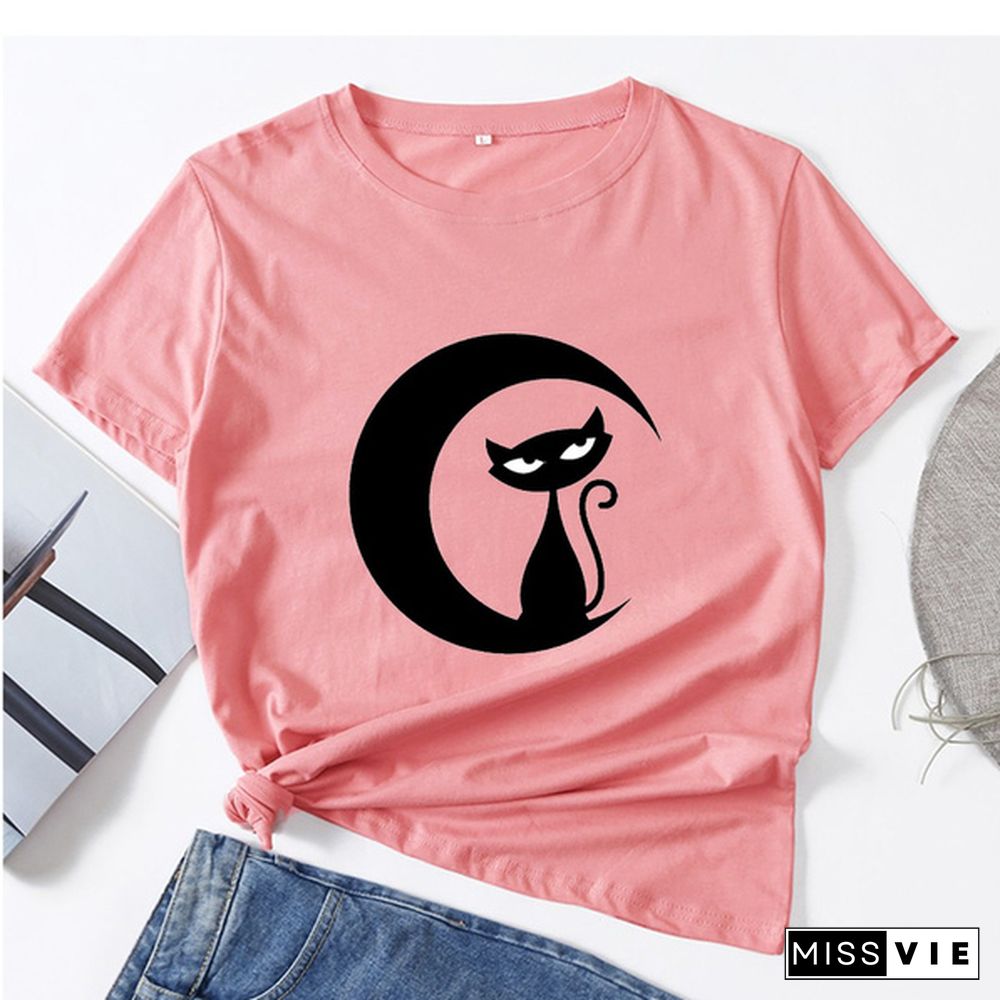 Women Fashion T-shirt Summer Short Sleeve Top Casual Round Neck Printed Tee Shirt Ladies Loose T-shirt