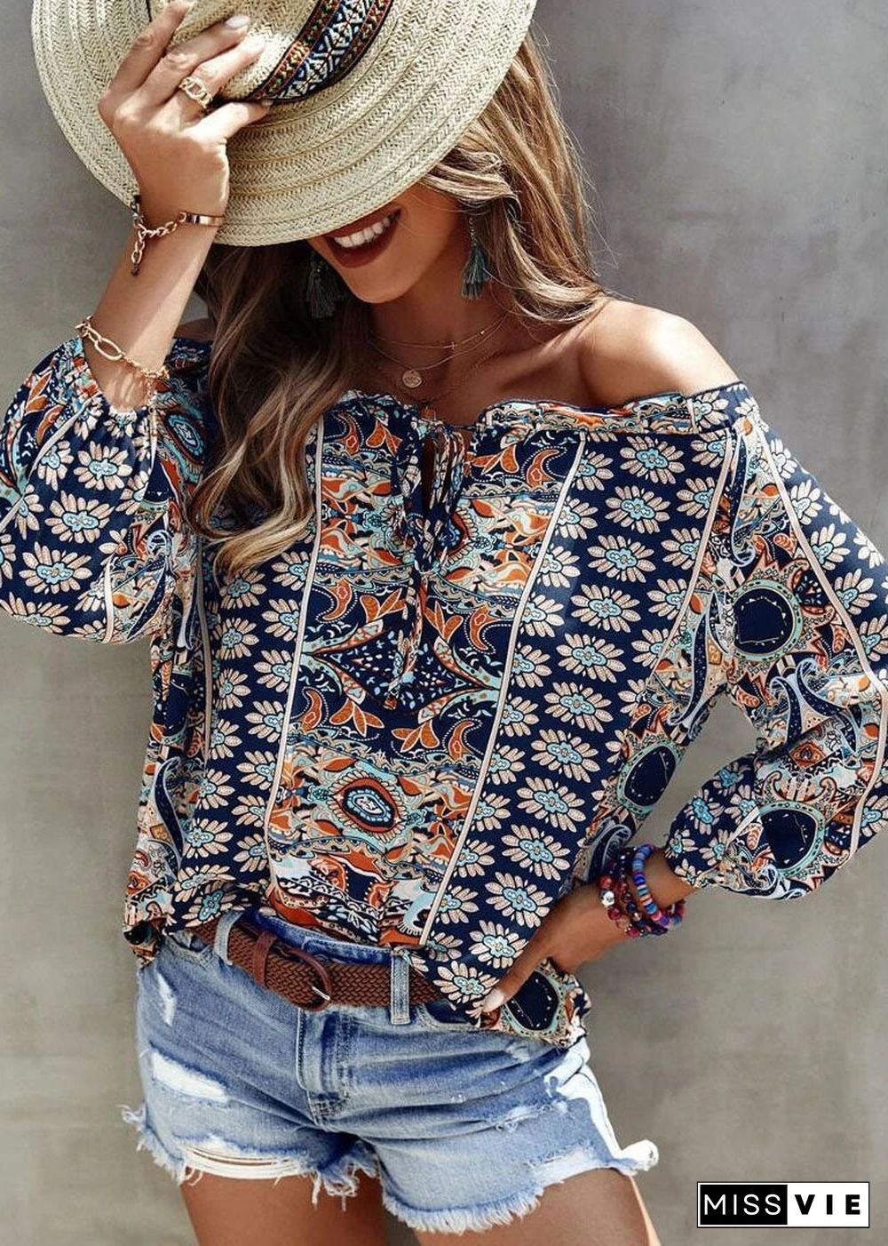 Casual Blue Cold Shoulder Print Cotton Blouse Top Long Sleeve