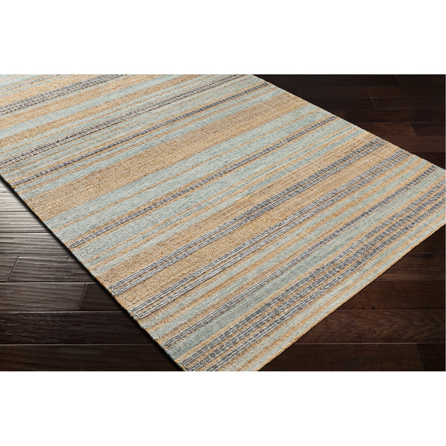 Arielle Hand Woven Rug in Wheat, Camel, Navy, Medium Gray, Mint, Sage, White