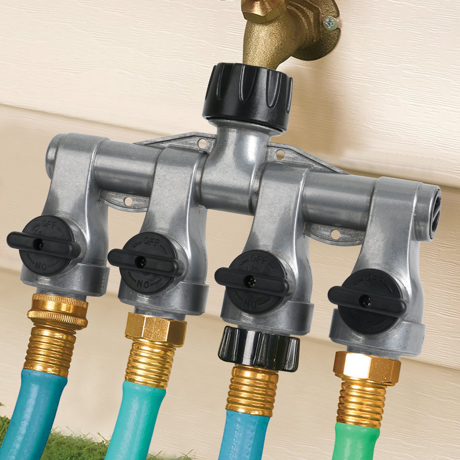 STYDDI Full Flow 4-Way Garden Hose Splitter， Metal High-Flow Four Way Shutoff Garden Hose Splitter， Professional Water Hose Manifold， High Flow Outdoor Spigot 4 Splitter with Cap Type Valve