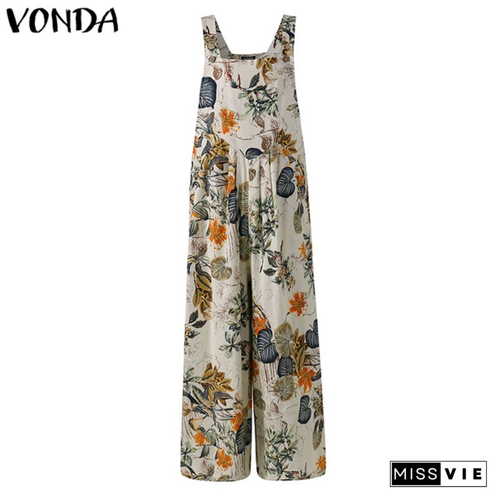 VONDA Women Floral Print Wide Leg Bib Overalls Long Trousers Summer Sleeveless Cotton Jumpsuits Rompers Plus Size Pantalon femme