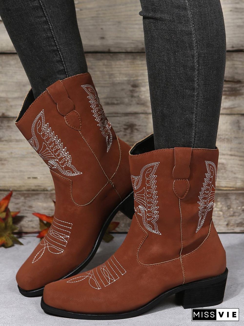 Embroidered Ethnic Chunky Heel Cowboy Boots