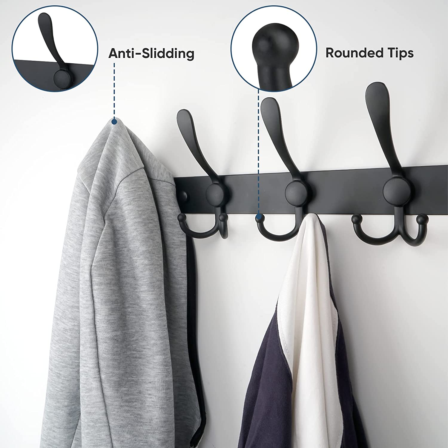 Coat Rack Wall Mounted， 5 Heavy Duty Tri Hooks Entryway Kitchen Bathroom Storage Organizer Hanger for Coat Hat Towel Bathroom (Black， 1-Pack)