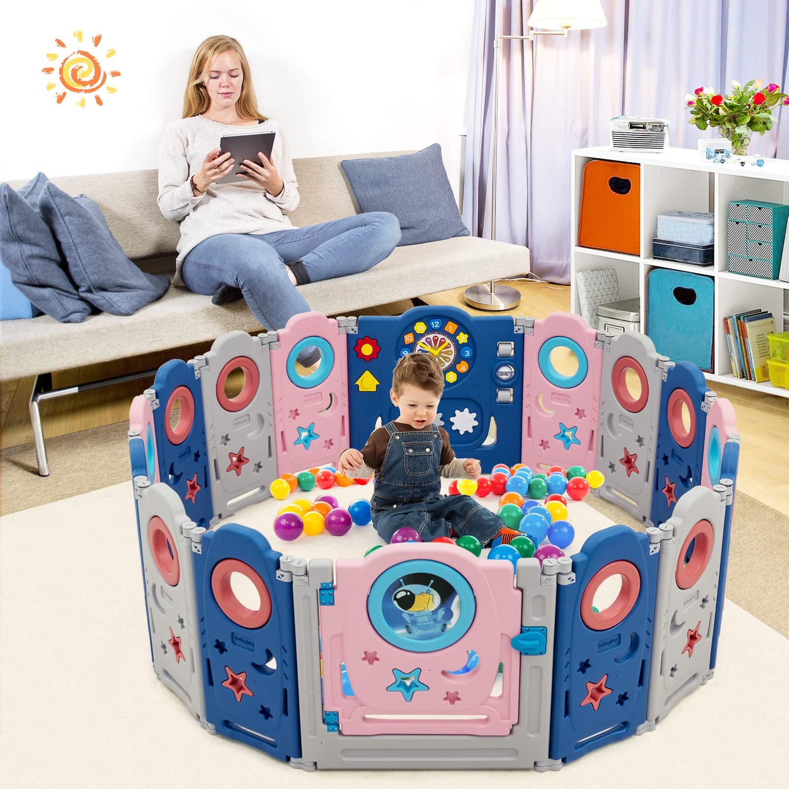 Costzon Baby Play Yards - 14/16 Panel Foldable Thicken Baby Playpen, Indoor Outdoor Infants Baby Fence with Game Panel