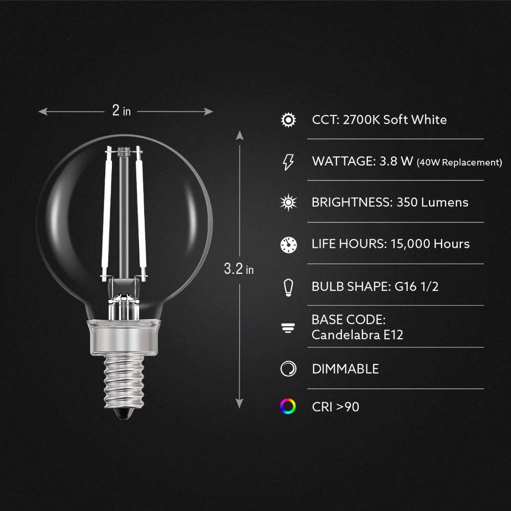 Feit Electric 40-Watt Equivalent G16.5 E12 Candelabra Dimmable White Filament CEC Clear Glass LED Light Bulb Soft White 2700K(2-Pack) G1640927CAWFILHDRP2