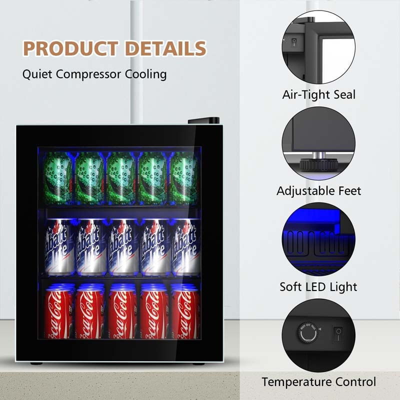 60-Can Mini Drink Fridge 1.6 Cu.Ft Beverage Refrigerator Cooler with Glass Door & Adjustable Shelf, Blue LED Light