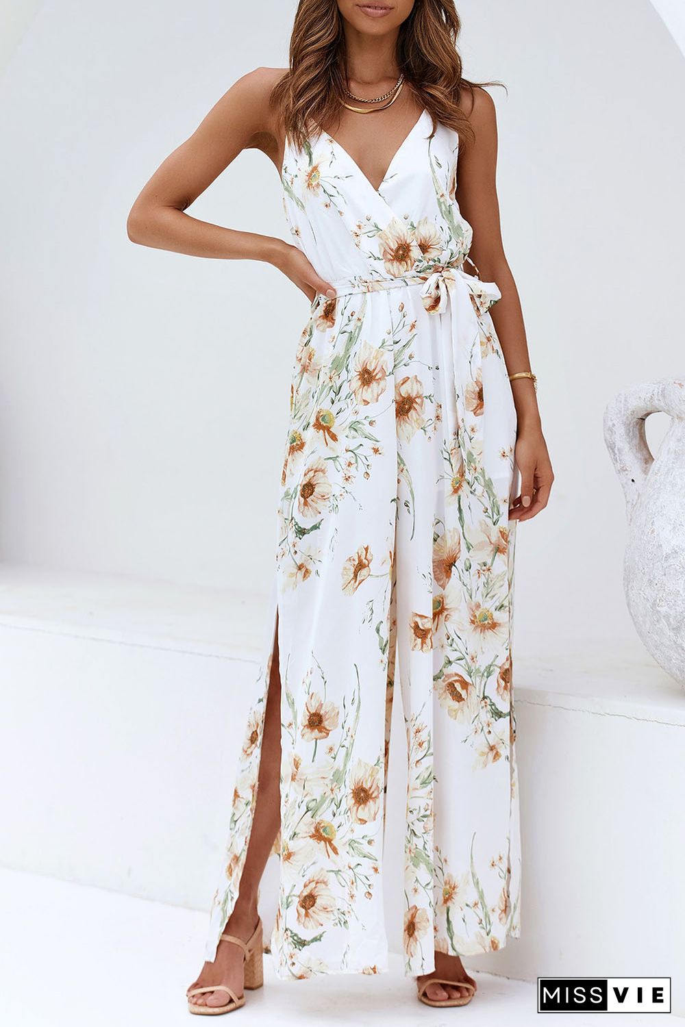 White Poppy Print Belted Cami Wide Leg Jumpsuit