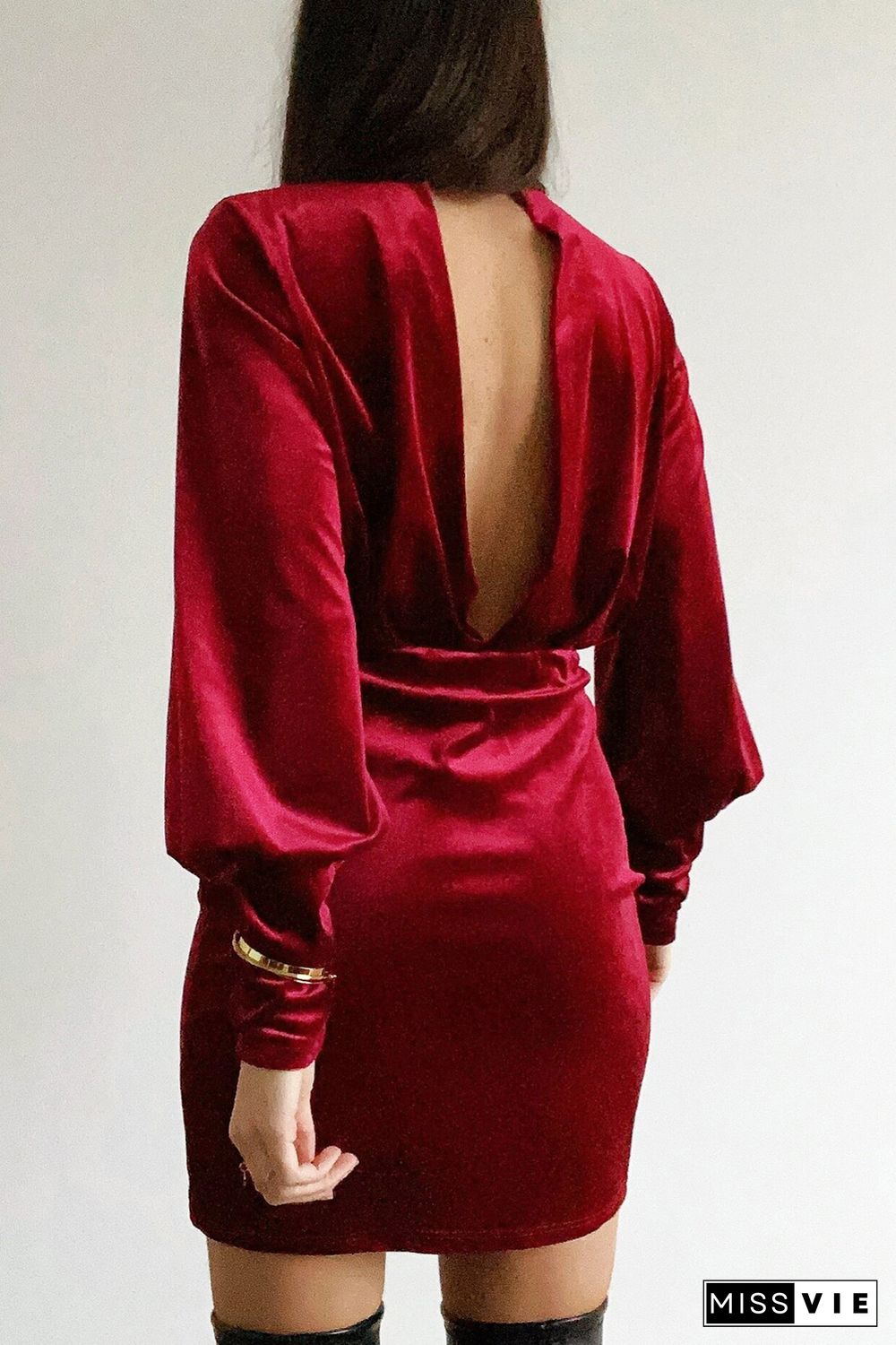 Wine Mock Neck Long Sleeve Ruched Velvet Mini Dress with Hollow-out Back