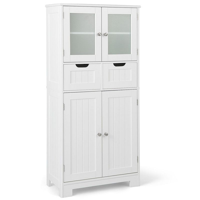 4 Door Freee-Standing Bathroom Cabinet with 2 Drawers and Glass Doors