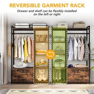 BYBLIGHT Carmalita Rustic Brown Freestanding Closet Organizer Clothes Rack with Drawers and Shelves Heavy Duty Garment Rack BB-F1546XF