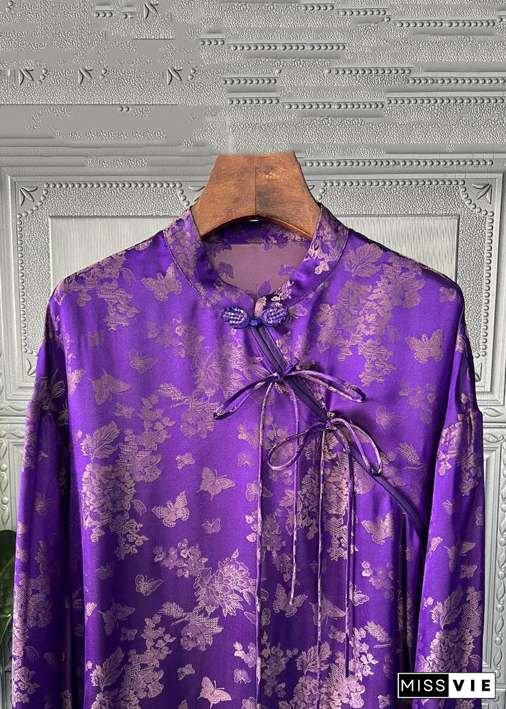 Women Purple Print Lace Up Patchwork Silk Shirts Long Sleeve