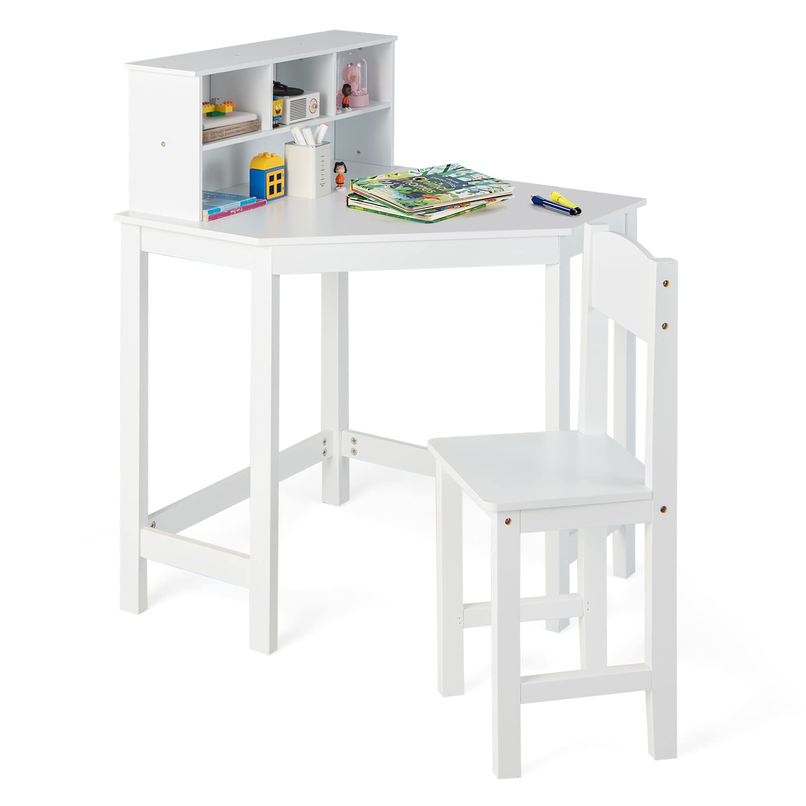 Costzon Kids Desk and Chair Set, Wooden Kids Study Corner Table with Hutch & Bookshelf for Small Space