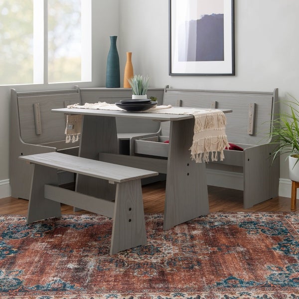 Wickford Corner Dining Breakfast Nook Set with Storage， Table， and Bench， Table， and Bench， Seats 5-6， Gray Finish