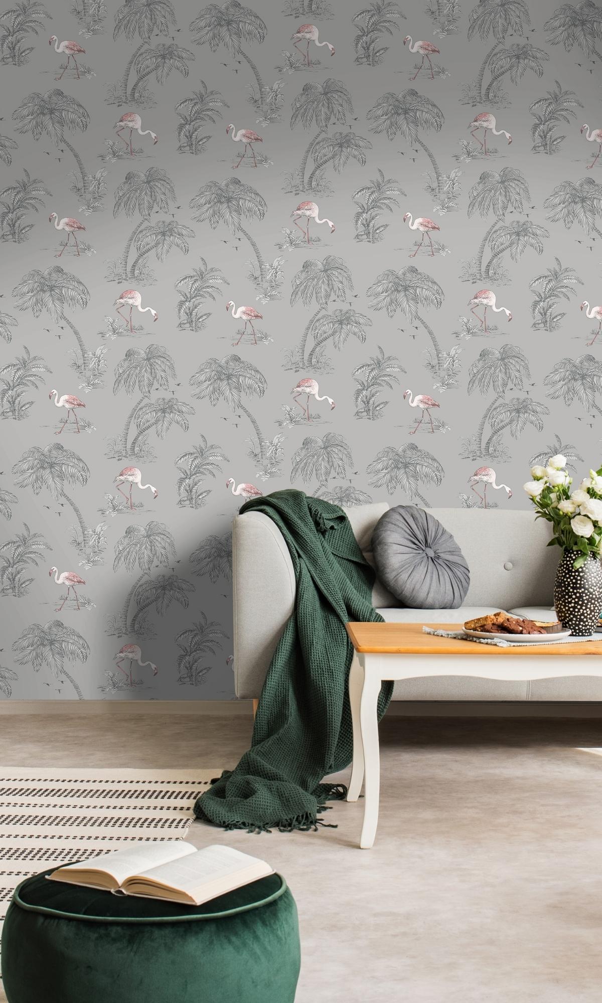 Tropical Leaves Grey and Pink Flamingo Wallpaper