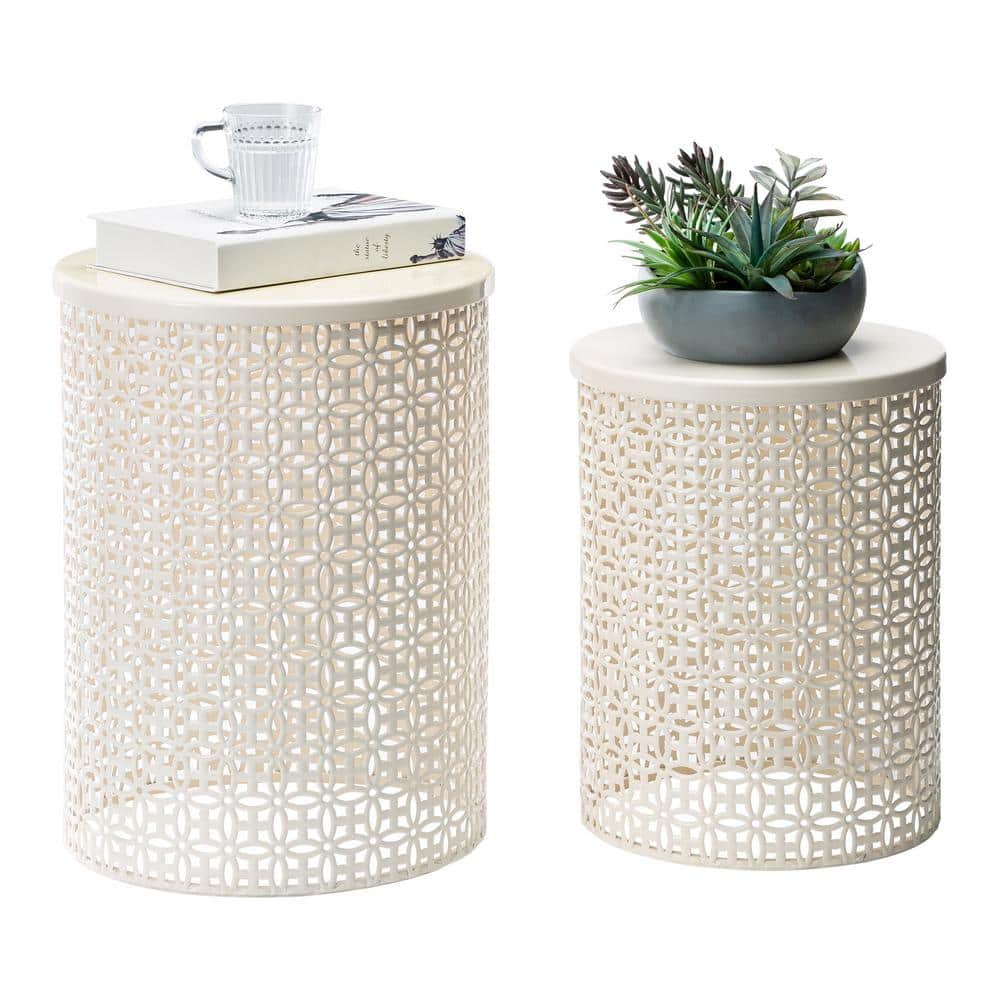 Glitzhome Multi-Functional Metal Cream White Garden Stool or Planter Stand or Accent Table or Side Table (Set of 2) GH2003800006