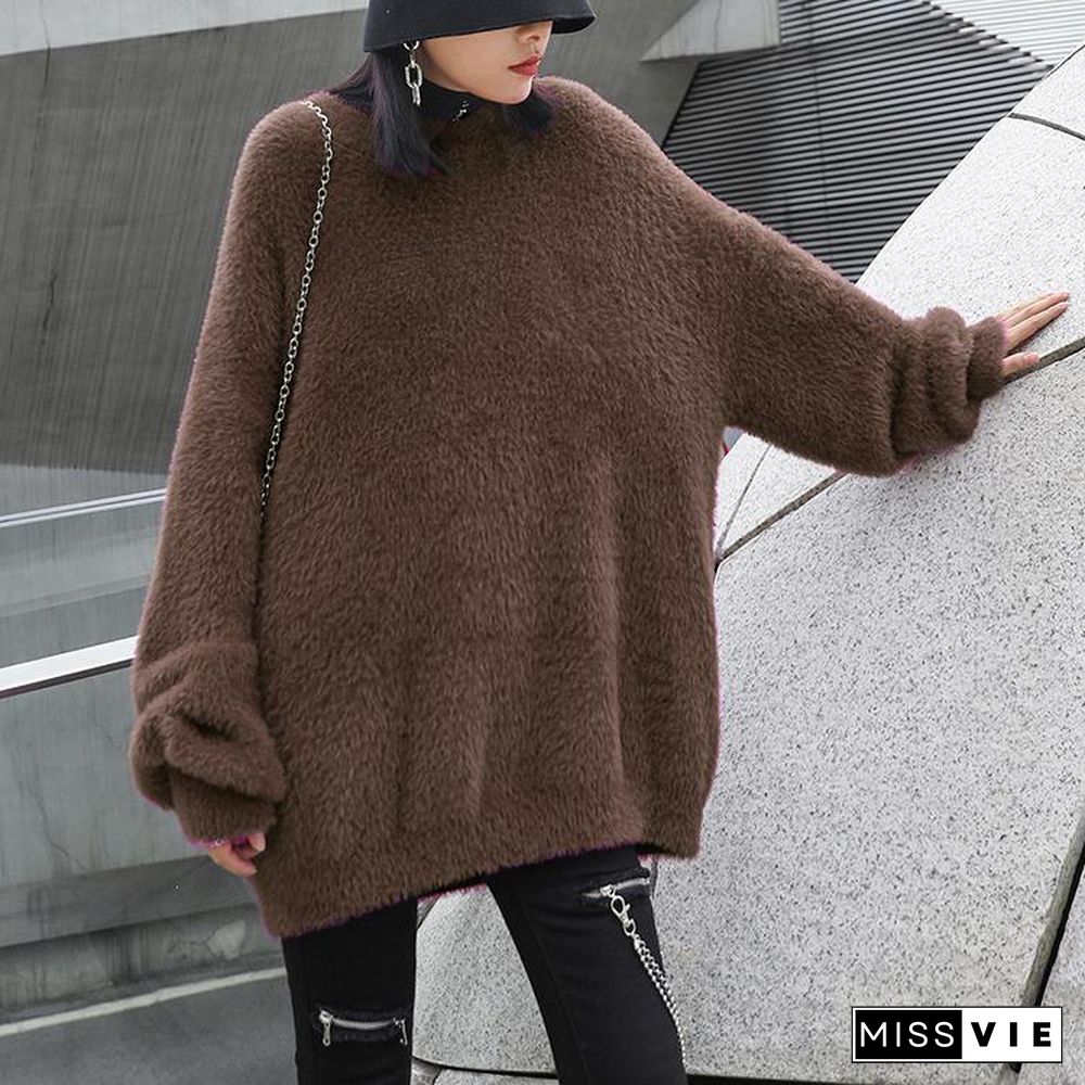 Comfy chocolate knit sweat tops trendy plus size o neck baggy clothes