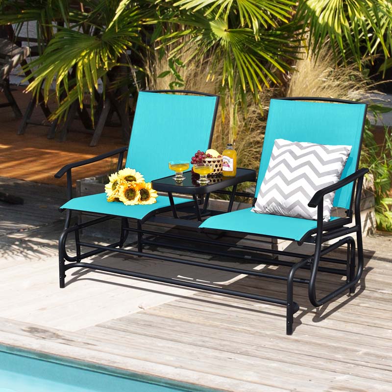 2-Person Outdoor Bench Glider Chair with Center Table, Mesh Fabric Rocking Loveseat for Patio