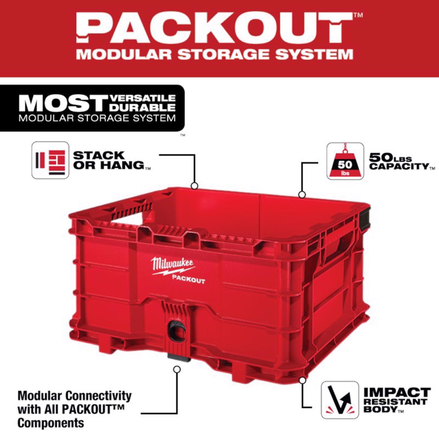 MW Packout 50 lb Red Crate 9.9 in. H X 18.6 in. W X 15.3 in. D Stackable