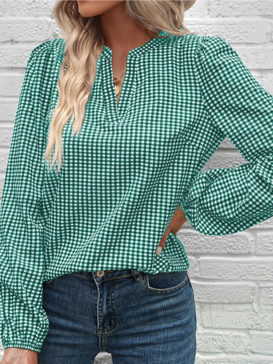 V-neck Casual Loose Check Print Long Sleeve Blouse