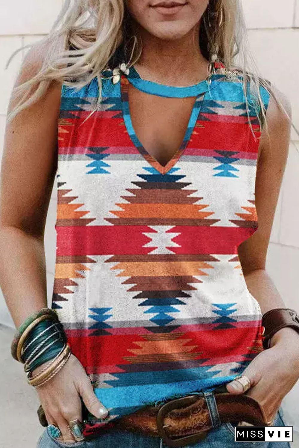 Red Aztec Geometric Print Hollowed Neckline Tank Top