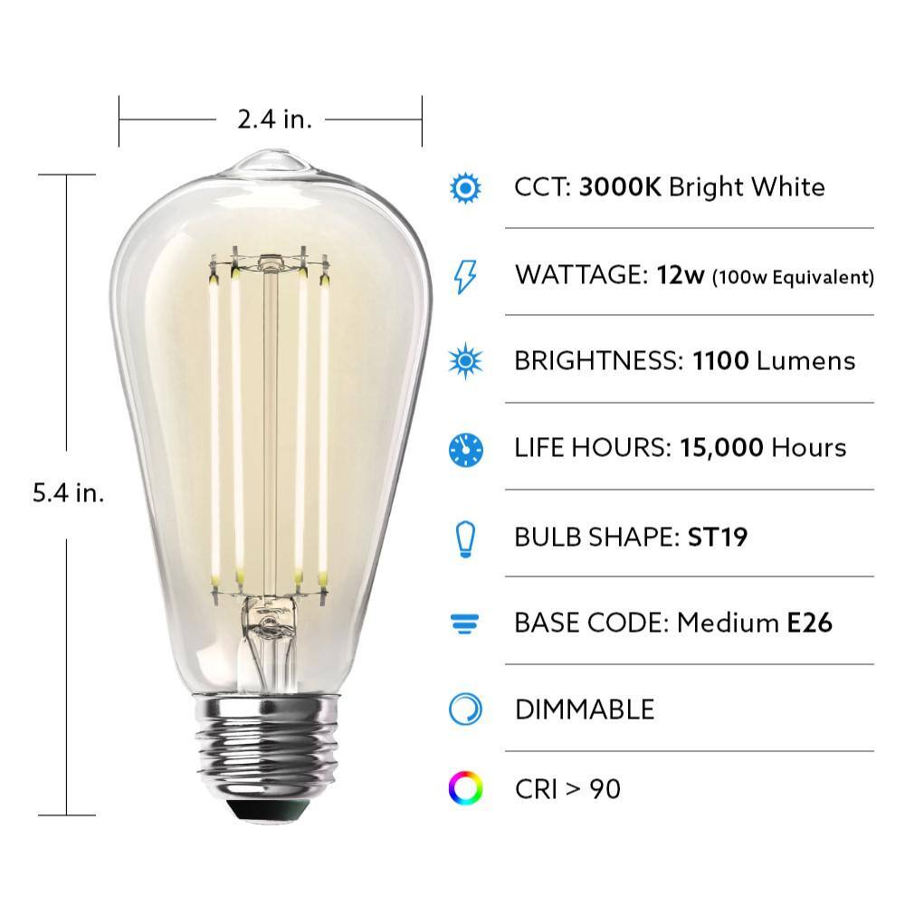 Feit Electric 100-Watt Equivalent ST19 Dimmable Straight Filament Clear Glass Vintage Edison LED Light Bulb Bright White (4-Pack) ST19100CL930CA4