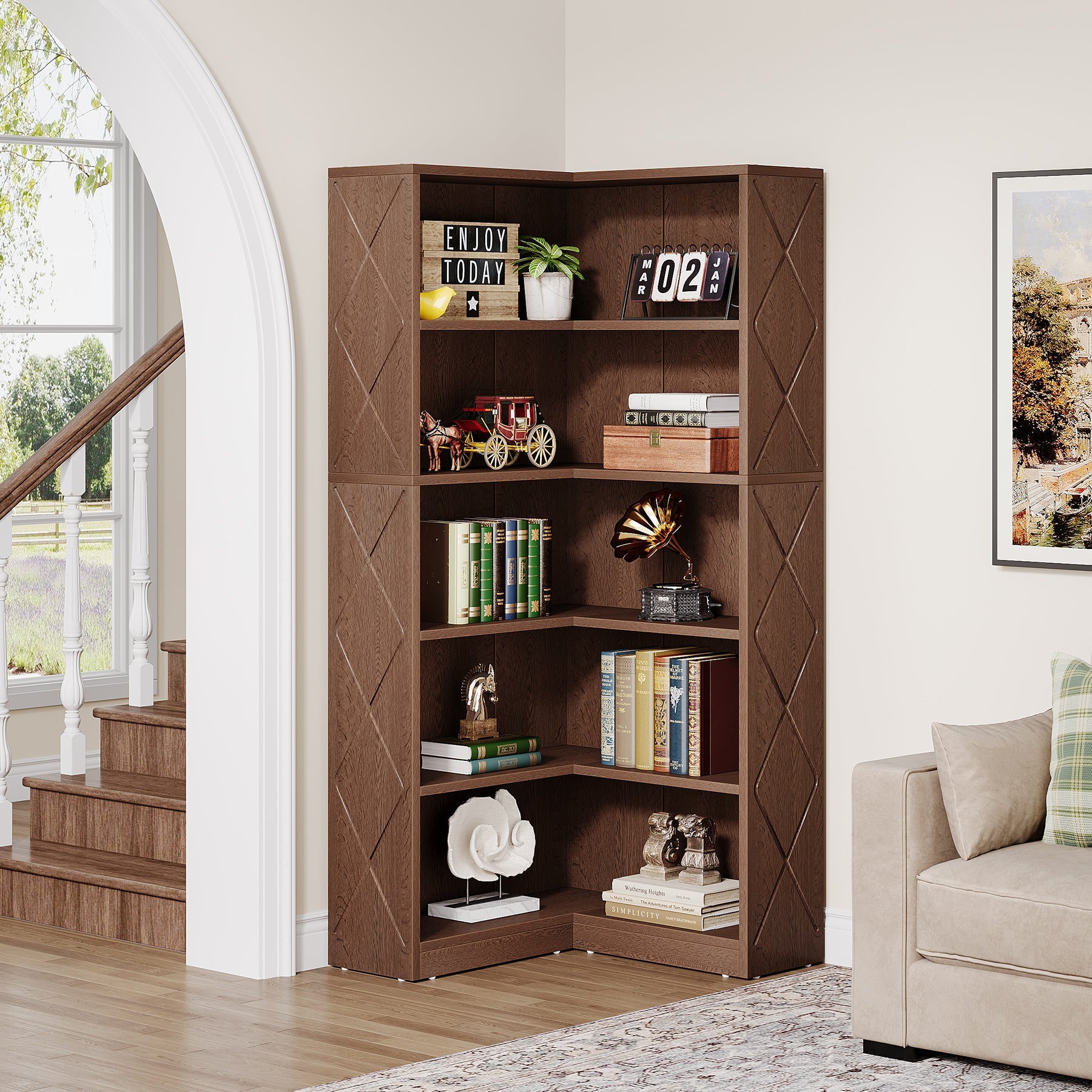 70.9 L-Shaped Bookshelf, Freestanding Corner Bookcase 5-Tier Display Rack